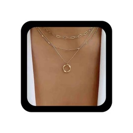 Inilbran Boho Layered Circle Choker Necklace Gold Hollow Circle Pendant Necklace Geometric Circle Necklace Choker Vintage Paperclip Chain Necklace for Women and Girls
