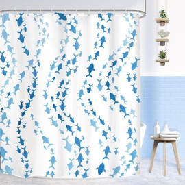Mitpok Blue Fish Shower Curtain 60Wx72H Abstract Stripe Summer Ocean Swiming Sea Animal Sealife Minimalist Modern Kids Bathroom Decor Simple Unique Bath Curtain Fabric Polyester 12 Pack Hooks