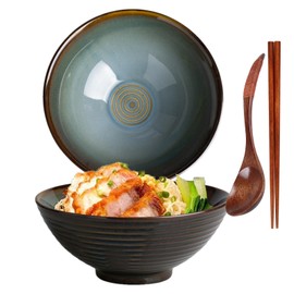 TuYines Ceramic Ramen Bowl, Ramen Bowl Set, Japanese Ramen Bowl with Spoon & Chopsticks, 1200 ml Soup Bowls, SaladBowl (Style B)