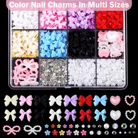 3D Nail Charms and Rhinestones, Mixed Color Flower Bow Star Nail Art Charms,Half Round Pearl Flatback Nail Gems,Gold & Silver Nail Studs,Gravel Diamond Manicure Kit DIY Nail Art Supplies Accessories