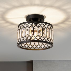 Pevfah Crystal Black Ceiling Light, Modern Semi Flush Mount Ceiling Lighting Fixture, Round Hallway Lighting Fixtures Ceiling for Kitchen Entryway Bedroom Laundry Room, 1-Light, 9 Inch