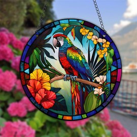 WOHAHA Parrot Bird Stained Glass Window Hanging Acrylic Panels Indoor Outdoor Round Windows Hanger Kitchen Bedroom Garden Wall Art Decor Gifts for Women Mom Grandma Teacher