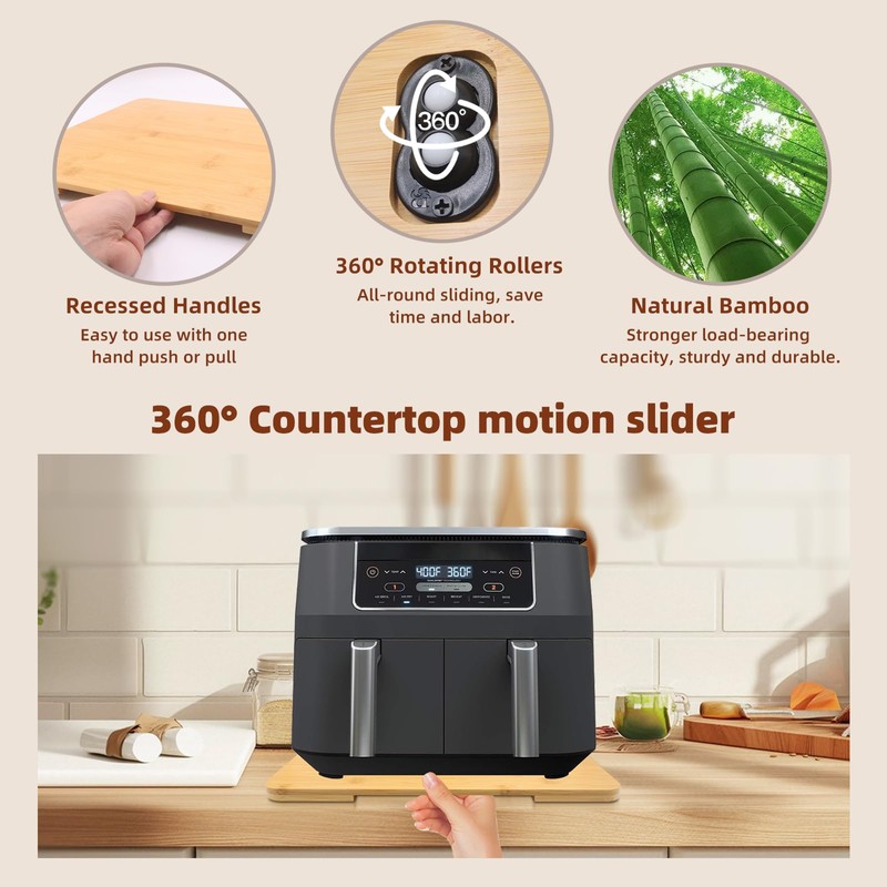 360° Rolling Tray Bamboo Appliance Slider for Kitchen Appliances, for