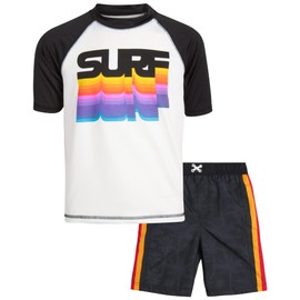 iXtreme - Juego de 2 protectores de erupción para niños, UPF 50+, de secado rápido, playera de natación y trajes de baño, protector de erupción para bebés (tamaños: 12M-14), Black Rainbow Surf, 12