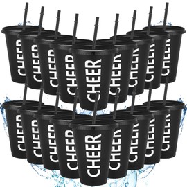 Domensi 20 Pcs Cheer Cups Gifts Bulk Ballet Dance Party Favors Cups Bulk 16oz Reusable Plastic Tumbler with Lid and Straw for Ballet Birthday Cheerleader Team Gifts(Cheer, Black)