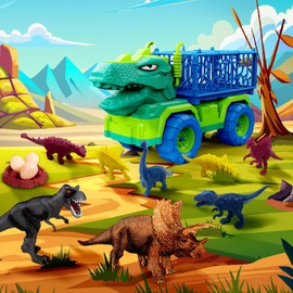 MindPal 19 in 1 Dinosaur Toys for Kids 3-5 5-7, Dinosaur Truck Set for Toddlers with 3 Pull Back Cars, 8 Dino Figures, Christmas and Birthday Gifts Toy for 3 4 5 6 7 Years Old Boys and Girls