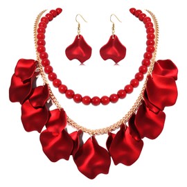 FAERLIIRY Jewelry Set for Women Flower Petal Necklace Beaded Necklace Earrings Statement Summer Jewelry Set Chokers Necklaces Red Boho Pendant Necklaces (Red)