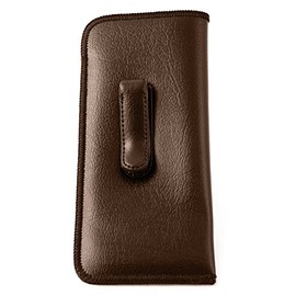 Calabria Soft Slip-In Glasses Case with Pocket Belt Metal Clip Brown for Men/Women Synthetic Leather Felt Lining 6.5"x3"
