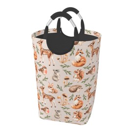 LIBIFALL Forest Animals Large Laundry Basket Cute Deer Fox Laundry Hamper Bag Collapsible Laundry Baskets Clothes Hamper with Handles Woodland Animal Storage Baskets For Bathroom,Dorm,Family 50L