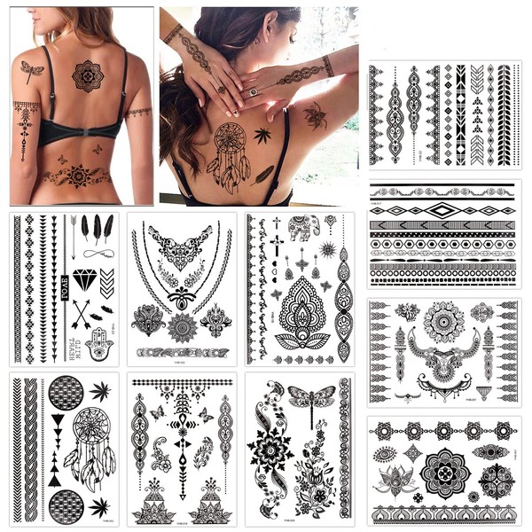 Konsait Tattoo Sticker Black Lace Mehndi Temporary Tattoo Skin Waterproof Temporary Tattoo Body Art for Women (10 Sheets)