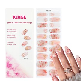 IQXGE 20Pcs Pink Semi Cured Gel Nail Strips Rose Flower Summer Gel Nail Stickers with Butterfly Design Self Adhesive Glitter Nails Wraps UV/LED Light Needed Glossy Nails Polish Strips for Women