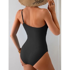 Eomenie One Piece Swimsuit for Women Tummy Control One Shoulder Bathing Suit Ruched Tie Knot Swim Suit Black