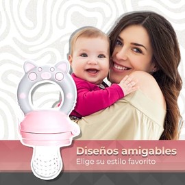 Chupón Para Fruta Y Papilla con Seguro Y Tapa Dibujos Animados, Libre de BPA (ROSA/GRIS)