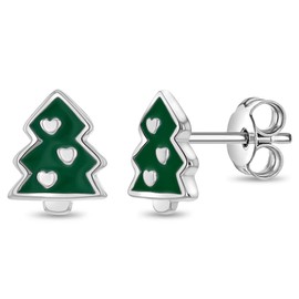 925 Sterling Silver Festive Enamel Christmas Tree Standard Push Back Earrings For Little Girls & Preteens - Cute Christmas Earrings For Festive Girls - Beautiful Small Christmas Tree Kids Earrings