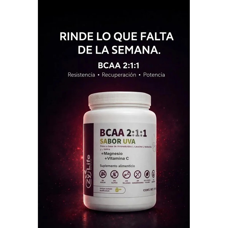 Bcaa 211 Sabor Uva Cont. 500 Gr Recuperación Muscular Uva