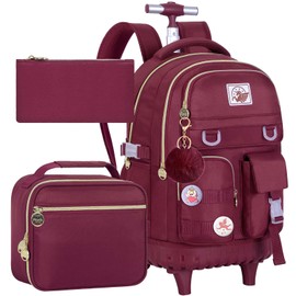 Rolling Backpack for Girls Women, 21 inch Roller Wheels Backpacks for School, Water Resistant Wheeled Bookbag with Lunch Box - Red