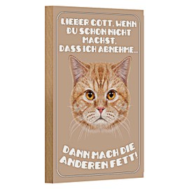 Lustiges Katzen-Holzschild | 'Lieber Gott, wenn Du schon nicht machst, dass ich abnehme...' | Humorvolles Dekoschild für Zuhause und Büro | 12 cm x 18 cm