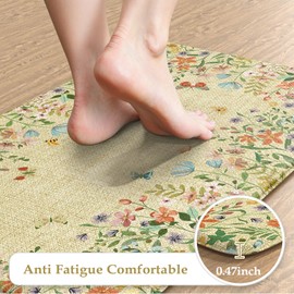 KIMODE Anti Fatigue Mats for Kitchen Floor 17"x47"+17"x29", Brown Butterfly Floral Kitchen Rugs Sets of 2, Cushioned Kitchen Floor Mats, Non Slip Standing Mat for Sink Laundry Office Desk