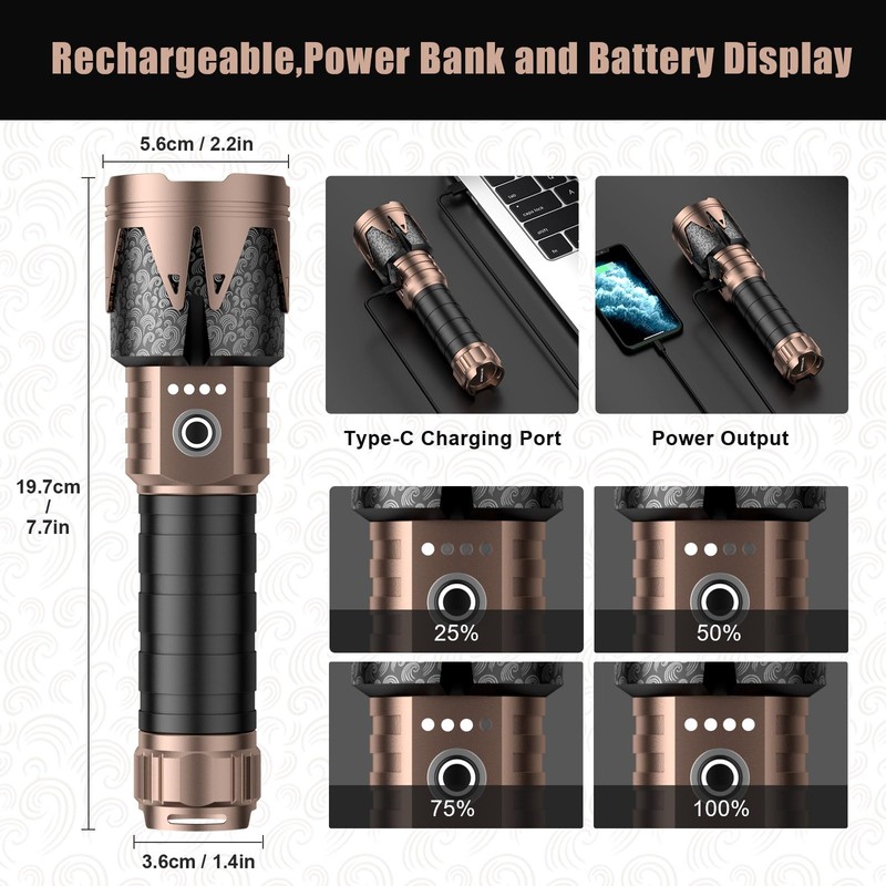 SKYFIRE LED Flashlights High Lumens Rechargeable,5000mAh Super Bright Tactical Flashlights,Zoomable,6