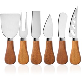 YUANQIAN Cheese Knife Set with Acacia Wood Handles - Cheese Knife, Spreader, Fork, Slicer - Mini Stainless Steel Cheese Tools for Charcuterie Boards (6Pcs/Set, S)