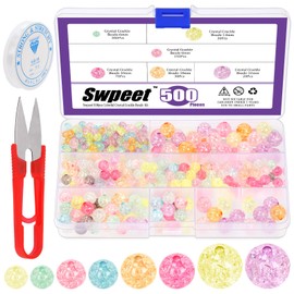 Swpeet 502Pcs 4 Sizes Colorful Acrylic Crystal Beads, 6mm 8mm 10mm 12mm Round Crackle Lampwork Glass Beads Charms, Rainbow Color Chunky Bubble Beads, Loose Spacer Beads with Elastic String Scissors