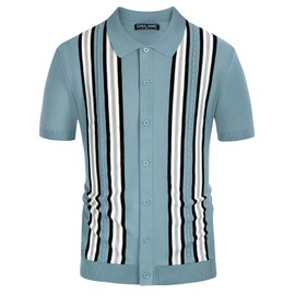 PJ PAUL JONES Knit Polo Shirt Men Retro 70s Stripes Lapel Collared Knitted Shirts Blue Button Down Italian Knitwear for Summer Golf Bowling L