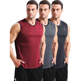 NELEUS Men's 3 Pack Running Tank Tops V Neck Sleeveless Athletic Shirts,5122,Black/Grey/Red,S