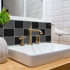 Alwayspon Glossy Provence Brick Vinyl Sticker Peel and Stick, Self-Adhesive Wall Tile Transfers Backsplash Sticker Decal for Kitchen Bathroom, 15x15CM/6x6In 10Pcs, Mixed Black&Grey T21