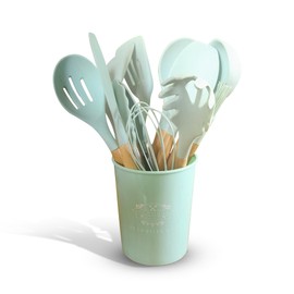 Ay La Bella Vita Silicone Utensil Set, 12 PCS Wooden Handle Nontoxic BPA Free 100% Food Grade Silicone Spoon Spatula Ladle Turner Tongs Kitchen Gadgets Utensil Set for Nonstick Cookware (Light Green)