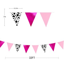 32Ft Metallic Hot Pink Pennant Banner Flag Cow Printed Triangle Fabric Bunting Garland for Western Cowgirl Disco Birthday Baby Shower Wedding Bachelorette Party Decoration Home Nursery Classroom Decor