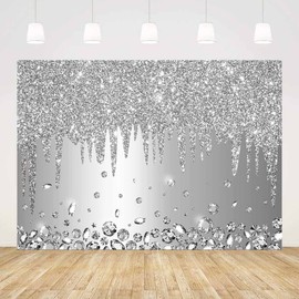 ABLIN 7x5ft Silver Backdrop Dripping Glitter Crystal Diamond Silver Happy Birthday Party Bridal Shower Wedding Decorations Photography Background Photo Shoot Props