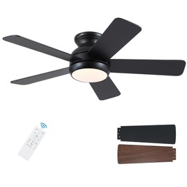 POCHFAN 42 Inch Black Ceiling Fans with Lights and Remote, LED Low Profile Flush Mount Ceiling Fan for Bedroom, Living Room, Patio, Quiet DC Motor, 5 Blades