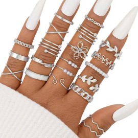 Fuezoiu Set 21pz Anillos Acero Inoxidable Ajustables Joyeria Mujer Regalo para el Día de la Madre, regalo para mamá Plateado