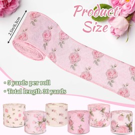 6Rolls Vintage Rose Wired Edge Ribbon Pink Floral Printed Fabric Ribbon for Gift Wrapping Bow Wreath Making for Wedding Birthday Bridal Shower Sewing Craft Supplies