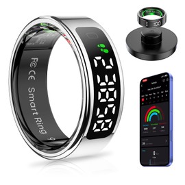 AMOVAN Smart Ring with Display Screen Health Tracker and Touch Button, Bluetooth Connection Health Ring Tracks/Sleep/Sports Activities, IP68 Waterproof (Silver, 11#)