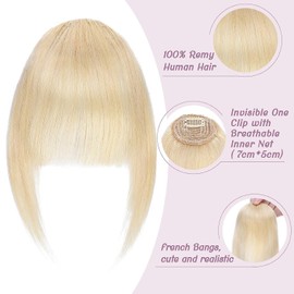 S-noilite Clip In Fringe Real Human Hair French Bangs Hair Hairpiece Clip on Curved Bangs with Temples for Women 14g (#613 Bleach Blonde)