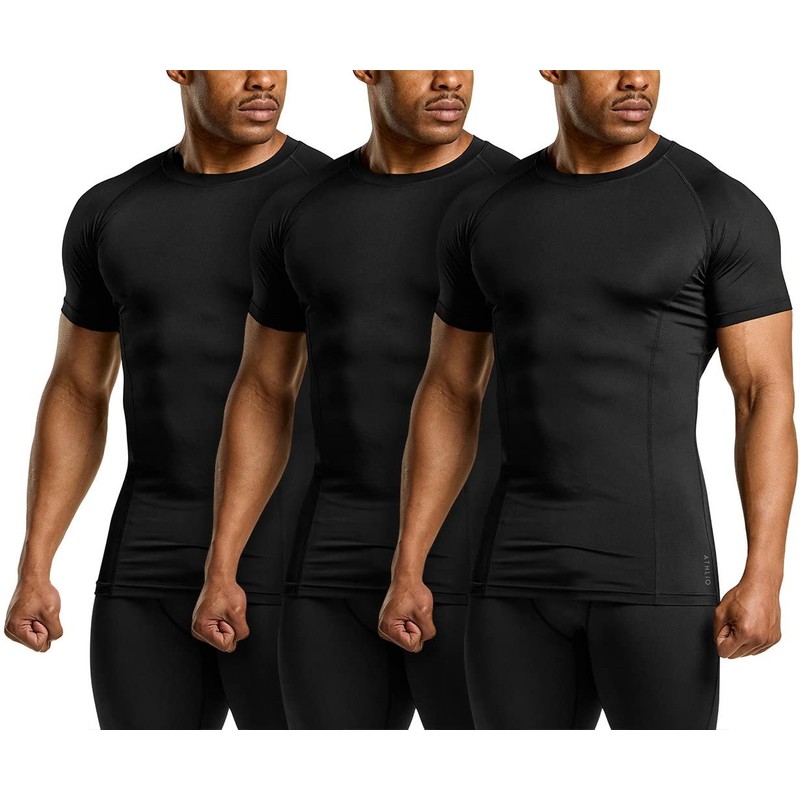 ATHLIO Men's 3-Pack Cool Dry Compression Shirts, Short Sleeve Sports