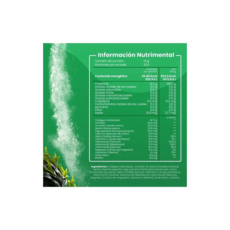 Colágeno Hidrolizado Con Spirulina 500 Grs Flow Sabor Menta -