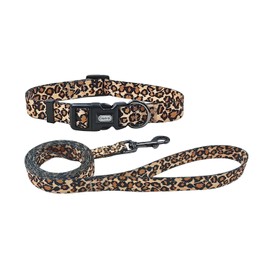 Olahibi Dog Collar and Leash Combo Set, Leopard Pattern, Polyester Material, 150CM Matching Leash, for Small Puppy Dogs.(XS, Brown Leopard)