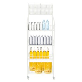 CRYBY 4-Tier Snack Rack, Retail Display Rack Stand Snack Candy Display Organizer with 10 Hooks & Wheels, Rolling Snack Storage Cart Basket Stand Cart Metal Storage Shelf Concession Stand