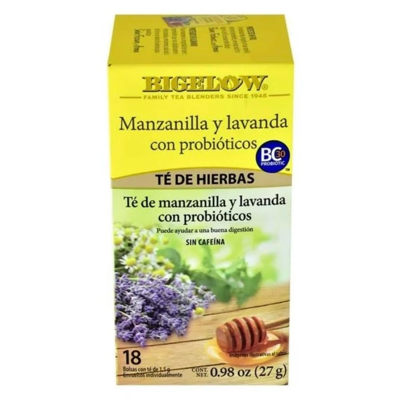 Té Bigelow Lavanda Manzanilla con Probióticos, sin Cafeína, 18 bolsitas