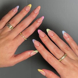 French Tip Press on Nails Medium Almond Colorful French Fake Nails with Designs Summer False Nails Medium Almond Nail Tips Gel Glue on Nails Full Cover Glossy Stick on Nails for Women DIY Nail Decor