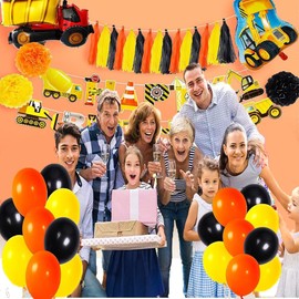 Construction Birthday Party Balloons Supplies, 44pcs Excavator Foil Balloons Cupcake Toppers Signs Happy Birthday Banners for Party Decorations