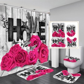 Pink Rose 4 Pcs Shower Curtain Sets Non-Slip Rugs Bath Mat Toilet Cover U Shaped Mat Black Pink Shower Curtain with 12 Hooks Pink Rose Valentine's Day Bathroom Set