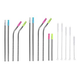 Ezprogear 8 mm Set of 10 Stainless Steel Reusable Drinking Wide Straws for Milkshake and Smoothies with Tips and Canvas Bag (2L+2LB+2M+2MB+2S)