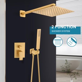 SGUVK Brushed Gold Shower Faucet Set, Bathroom Rainfall Shower System Fixture 10 Inch High Pressure Square Rain Shower Head with Handheld Sprayer Combo Wall Mount with cUPC Certified Rough-in Valve
