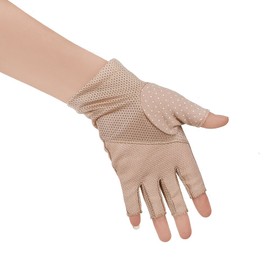 JISEN Women Sunscreen Fingerless Gloves UV Protection Driving Fishing Cotton Mittens Dots Khaki