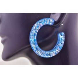 Skanky Hoops Boho 1.25" Slim Blue Iridescent Broken Shell Glitter Translucent Hoop Earrings