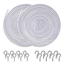 [2 Pack] Pinowu White Curtain Wire, Plastic Coated Window Curtain Wire, Picture Hanging Wire with 8 Pairs of Screw Eyes and Hooks