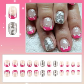 24Pcs Valentine's Day Press on Nails Short French Tip Fake Nails with White Heart Acrylic Nails Pink Nail Tip False Nails Silver Glitter Glue on Nails Valentines Artificial Nails for Women Manicure